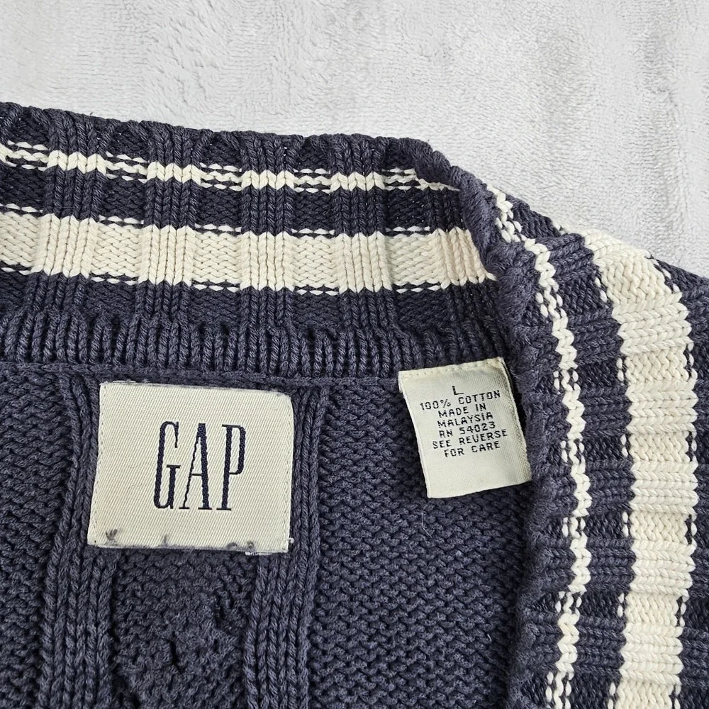 Vtg GAP Cable Knit V Neck Sweater Mens L Navy & White Cricket Tennis Preppy 90s